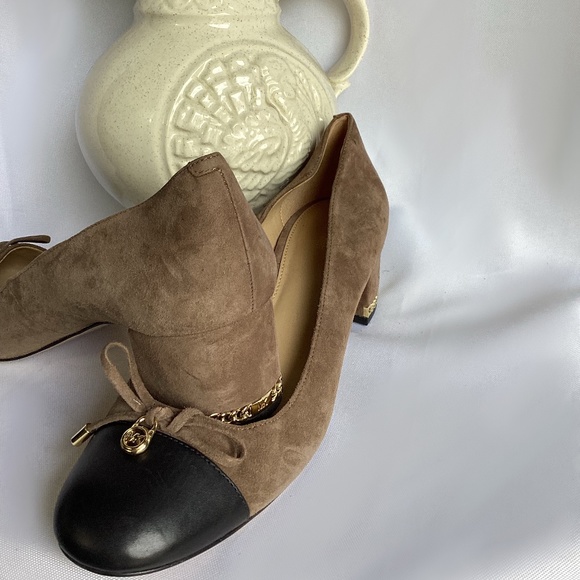 Michael by Michael Kors Taupe Suede Mid-Heel Pumps with Black Toe Detail and Bow - Picture 3 of 4